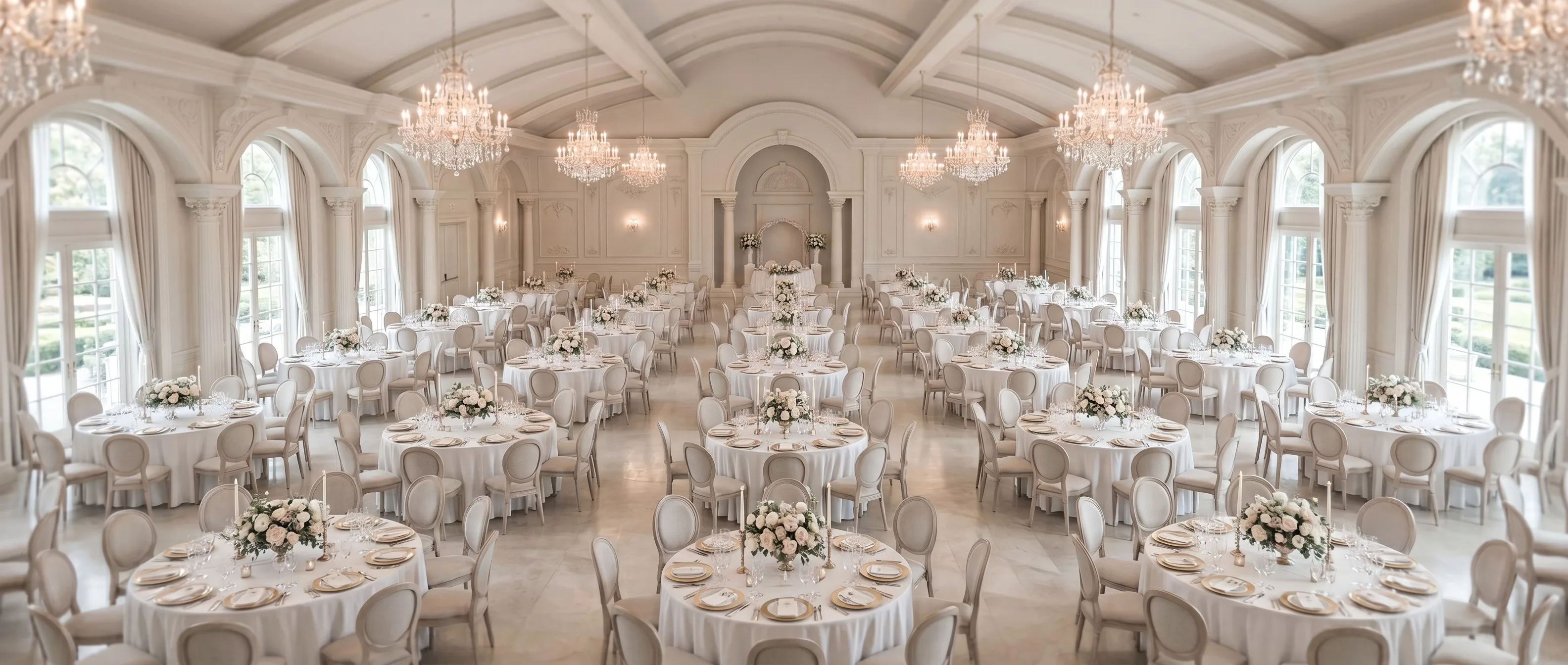 Salón de recepción de boda con candelabros de cristal y mesas redondas elegantes