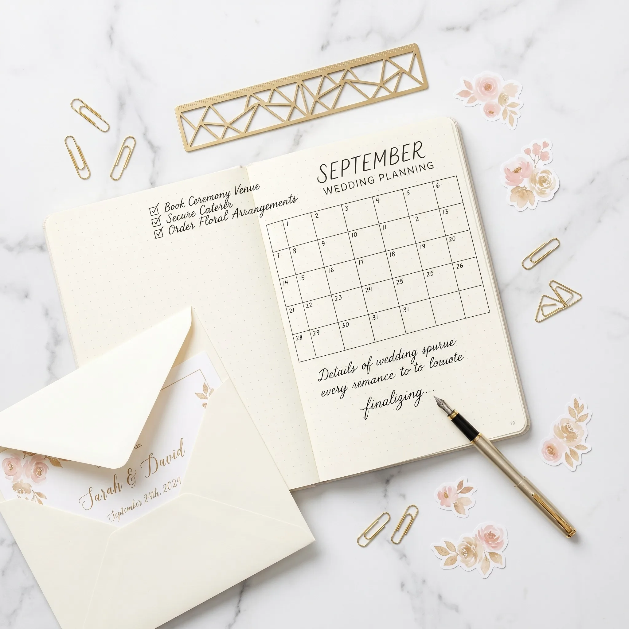 Cuaderno de planeación de boda con calendario de septiembre y checklist junto a pluma dorada