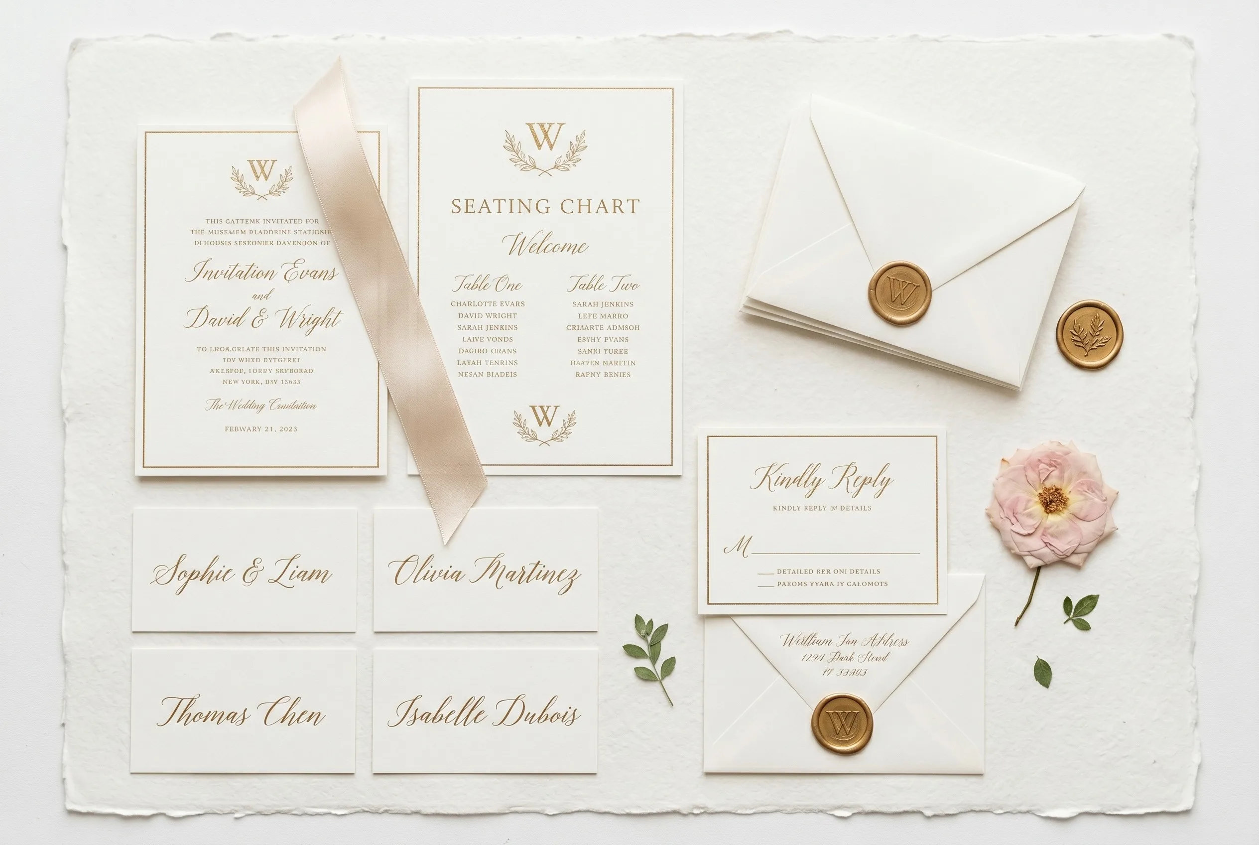 Suite de papelería de boda: invitación, plan de mesas, tarjetas de lugar y sellos de cera dorada